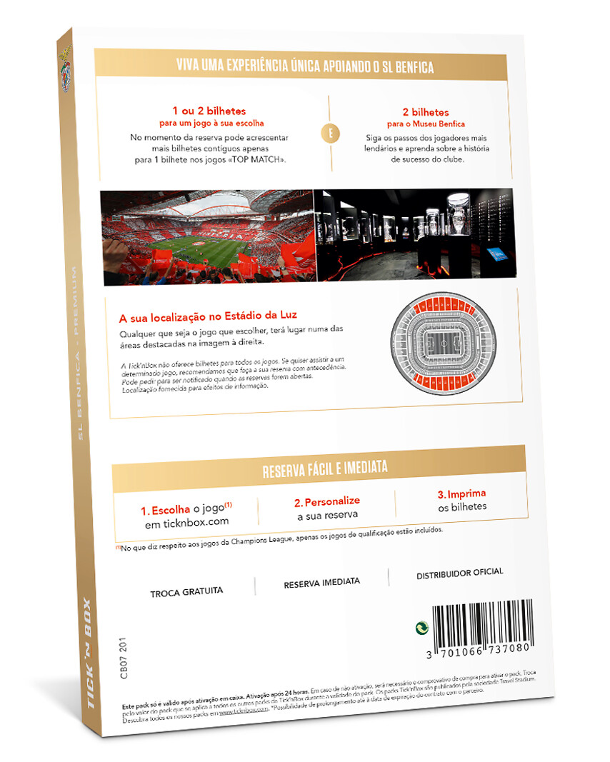 SL Benfica Premium - 2 bilhetes + museu